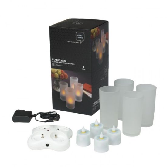 Picture of Rechargeable Votives w/ Frosted-Glass & Charger- 4/Pk
