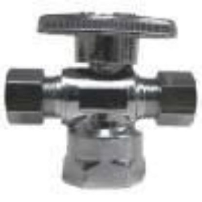 Picture of 1/2 Fip X 1/4 Cmp X 3/8" Cmp 3-Way Supply-Stop Quarter-Turn Finish Chrome-Plated